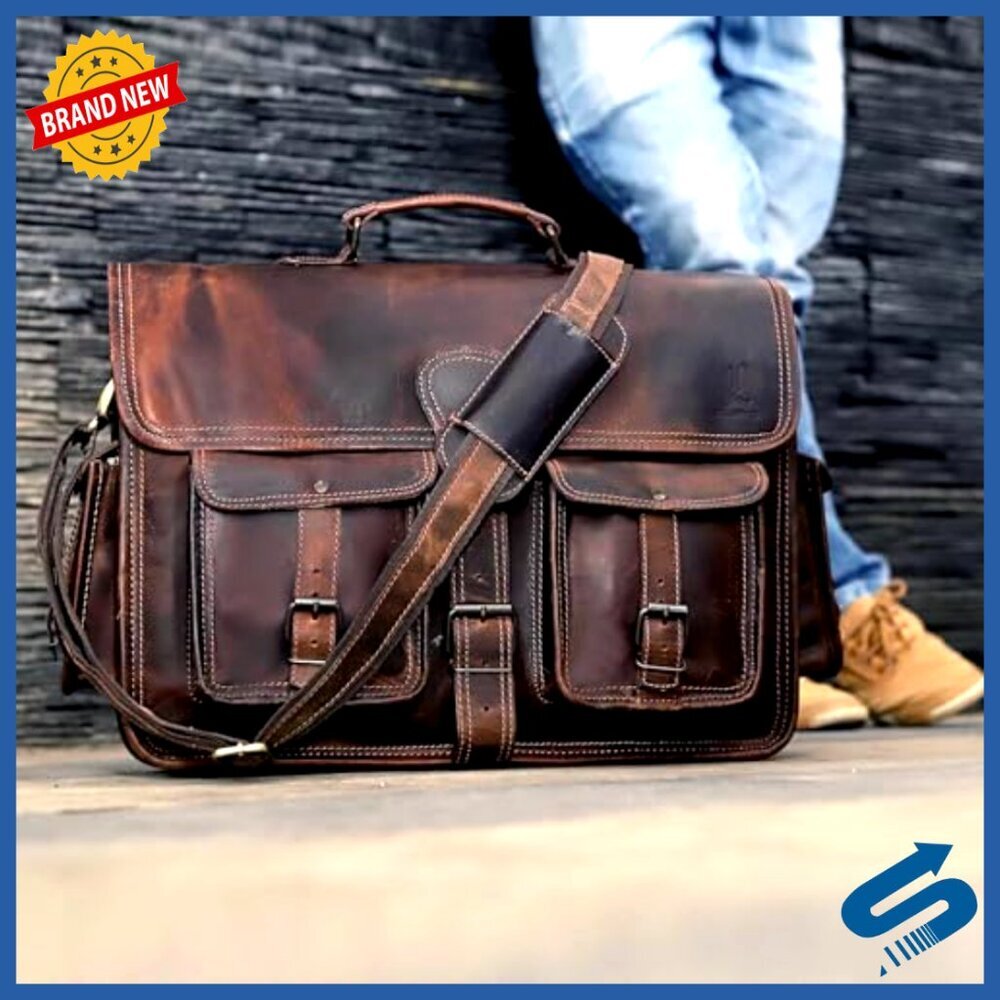 Vintage Leather Messenger Bag Handmade Full Grain Crossbody Satchel Briefcase - Picture 3 of 6